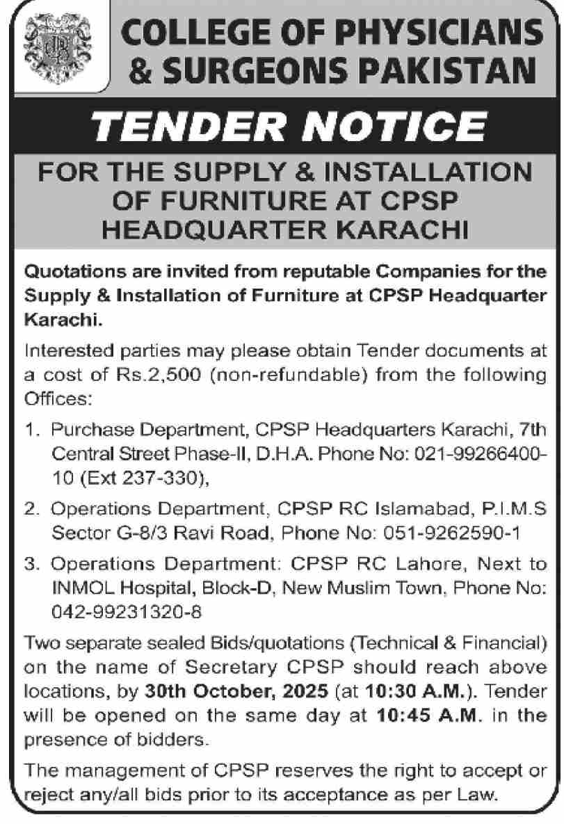 College of Physician & Surgeon Tender Notice
